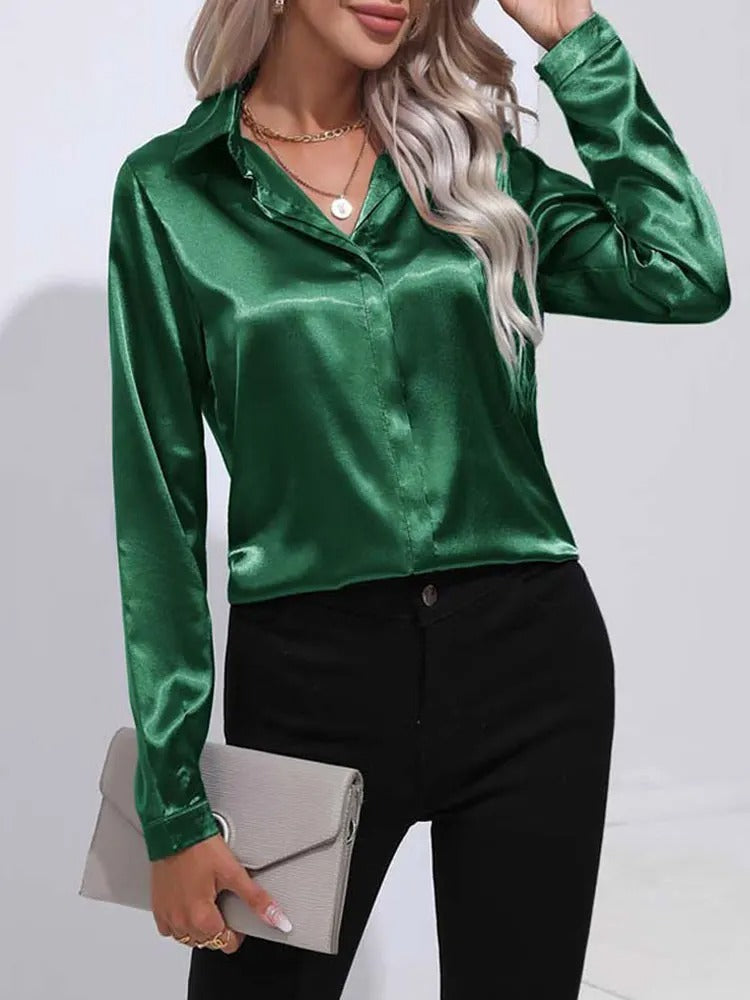 Satan Summer Shirt Spring 2025 for women long-sleeved office black silver silk blouses