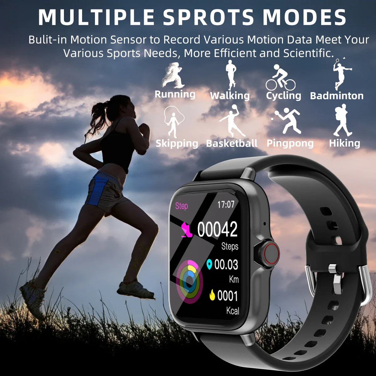 Waterproof smartwatch with alerts, sports pedometer info and sleep monitoring for iPhone and Android