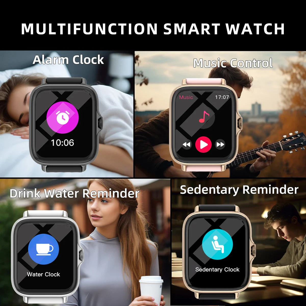 Waterproof smartwatch with alerts, sports pedometer info and sleep monitoring for iPhone and Android