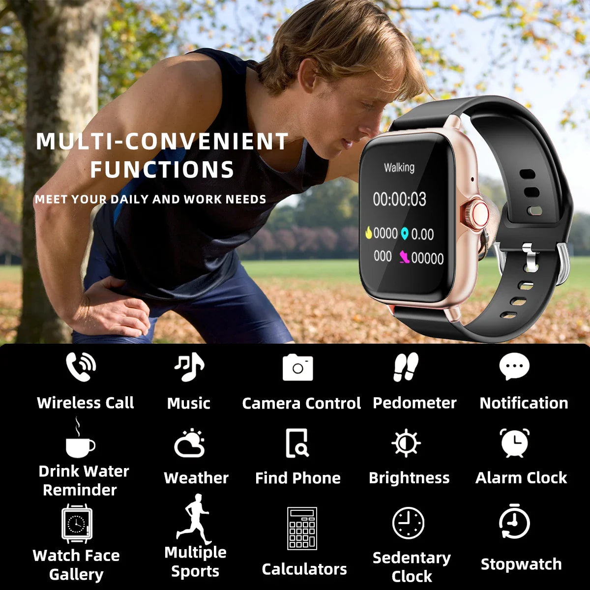 Waterproof smartwatch with alerts, sports pedometer info and sleep monitoring for iPhone and Android