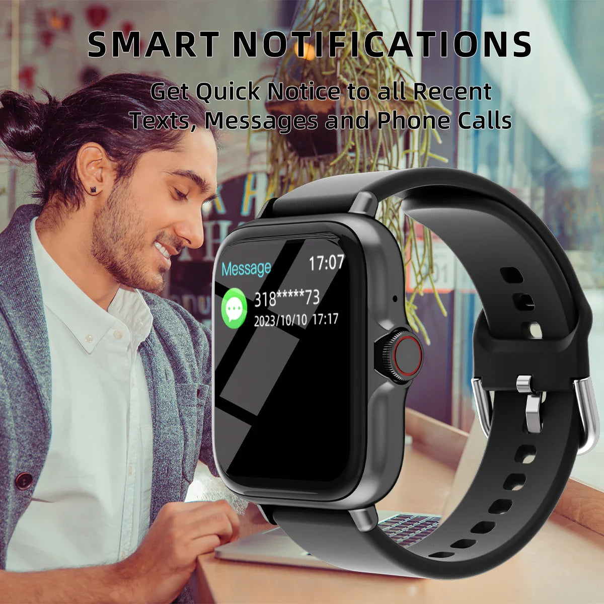 Waterproof smartwatch with alerts, sports pedometer info and sleep monitoring for iPhone and Android