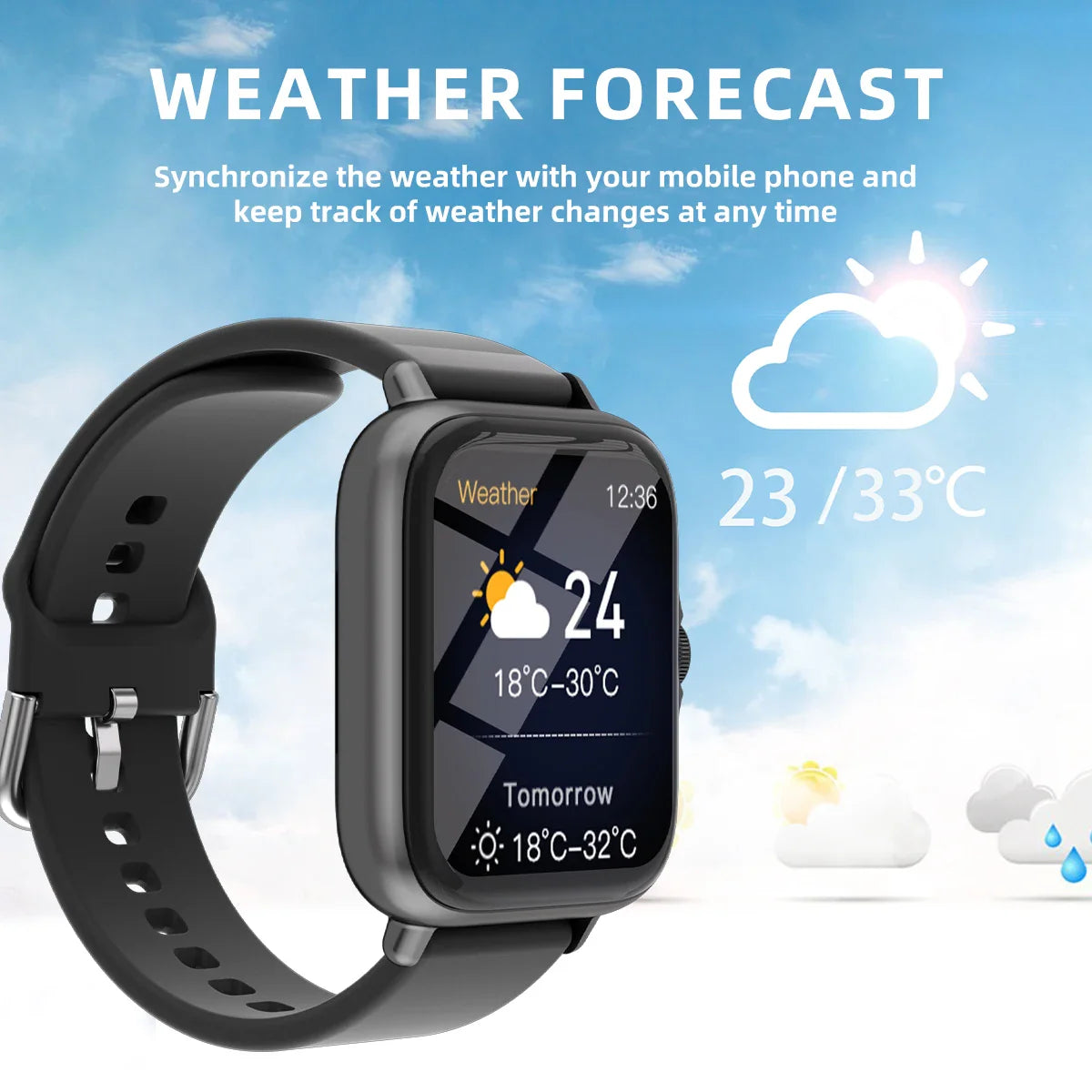 Waterproof smartwatch with alerts, sports pedometer info and sleep monitoring for iPhone and Android