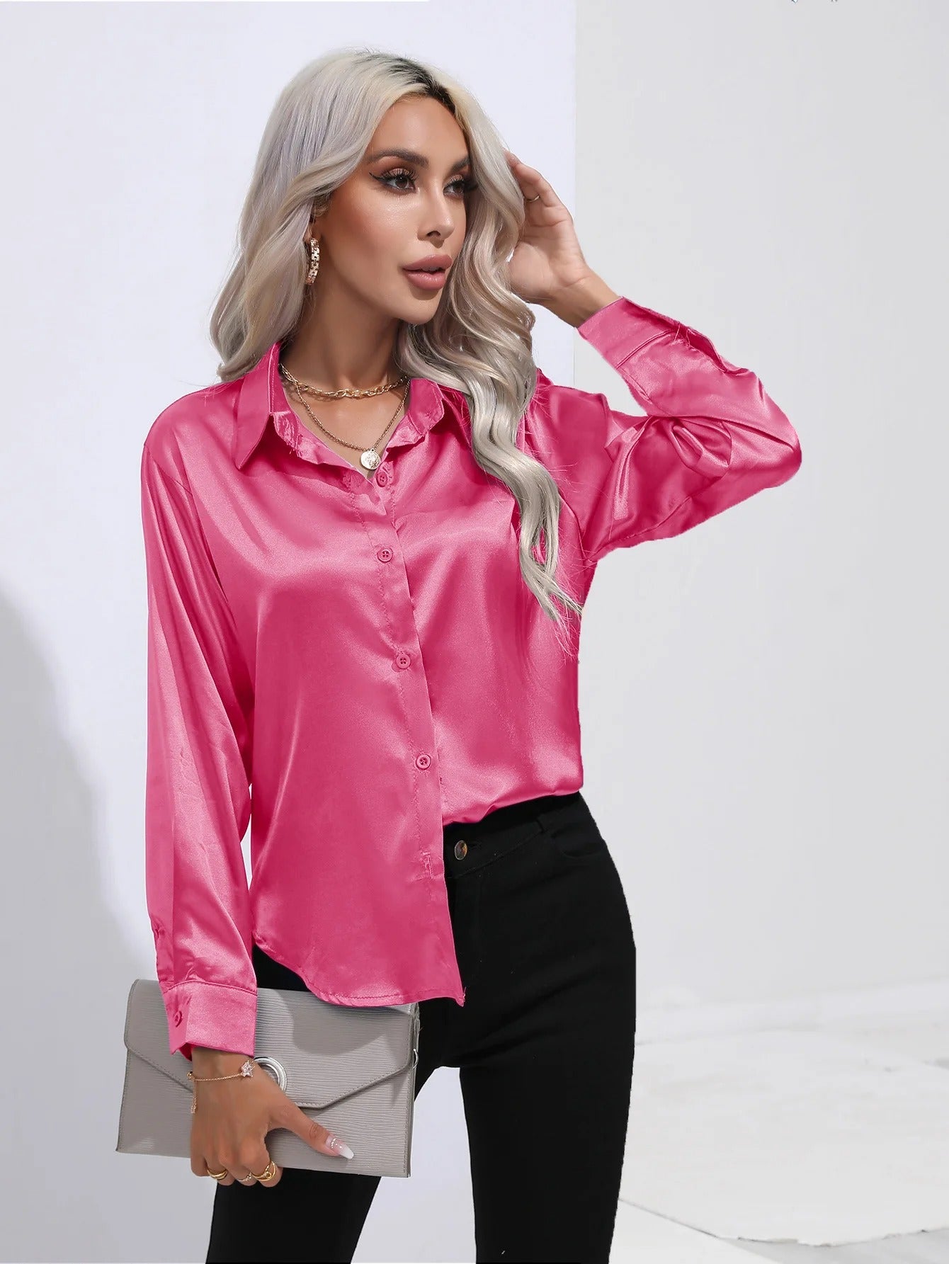 Satan Summer Shirt Spring 2025 for women long-sleeved office black silver silk blouses