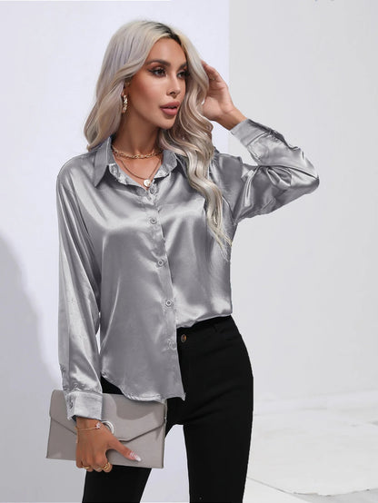 Satan Summer Shirt Spring 2025 for women long-sleeved office black silver silk blouses