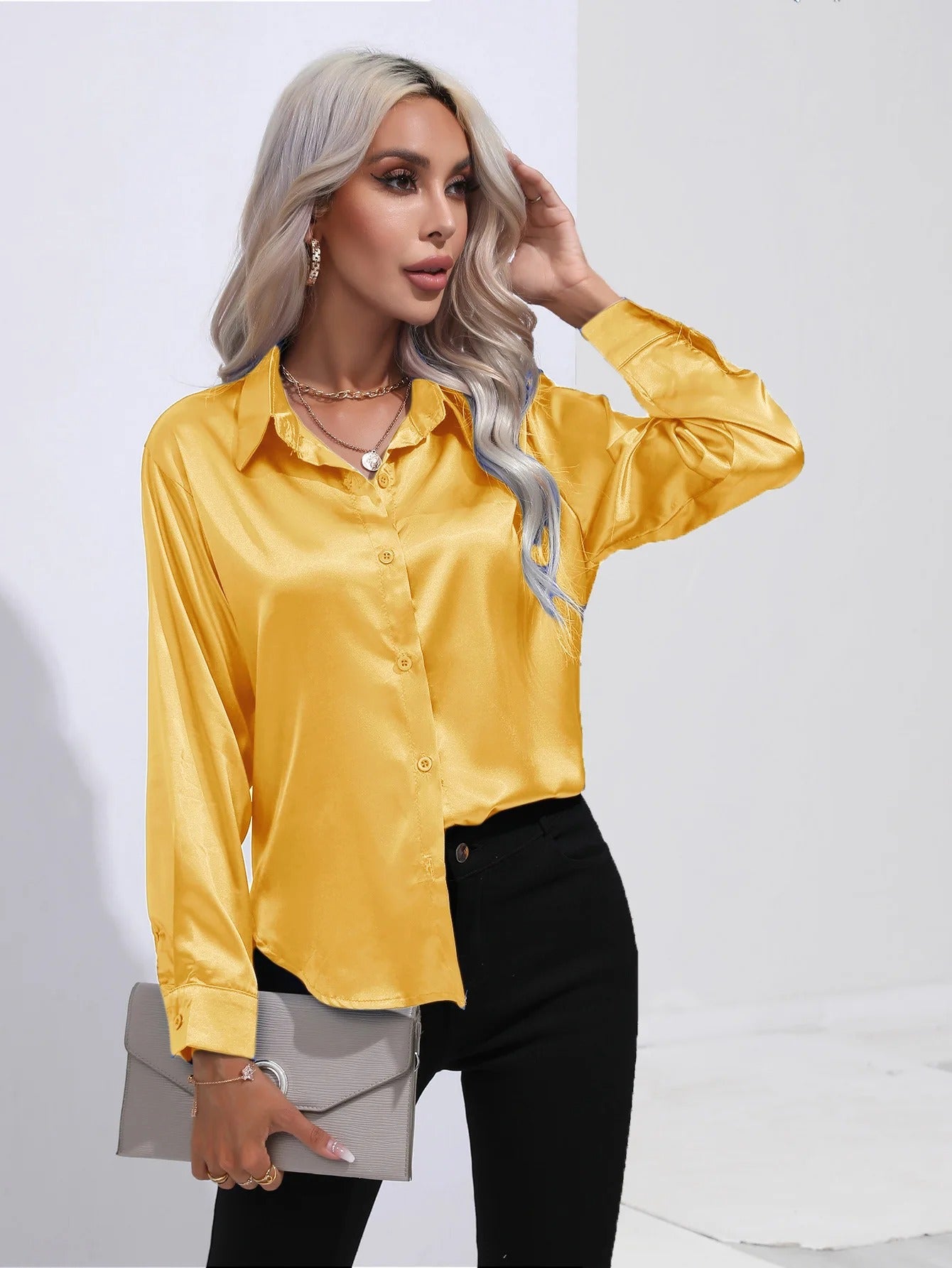 Satan Summer Shirt Spring 2025 for women long-sleeved office black silver silk blouses