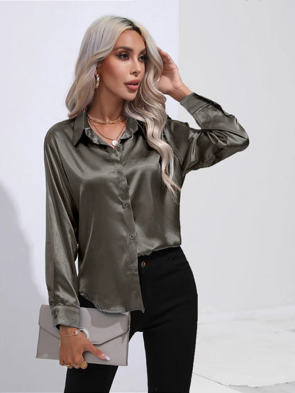 Satan Summer Shirt Spring 2025 for women long-sleeved office black silver silk blouses