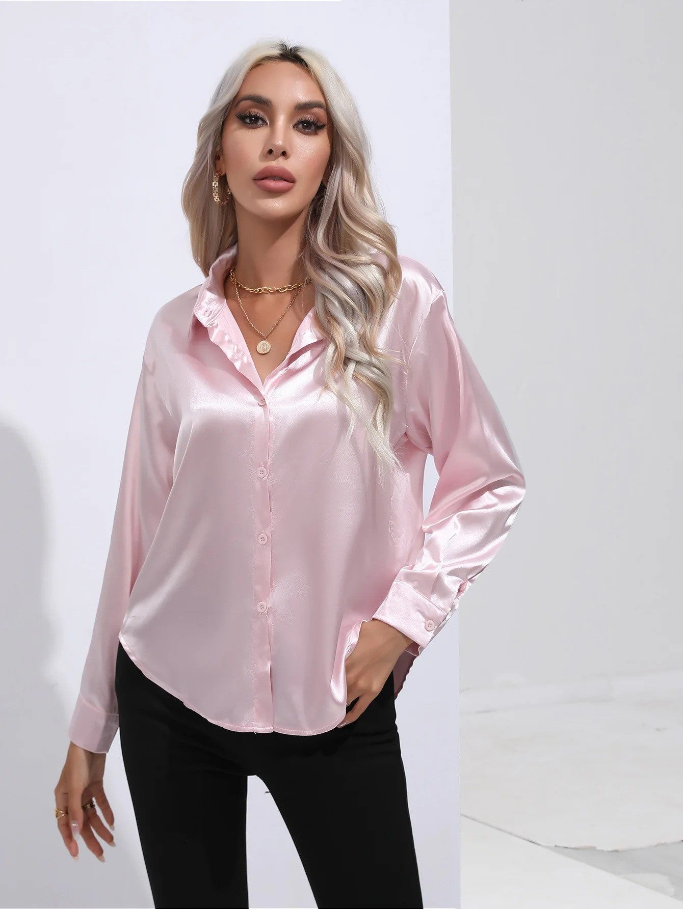 Satan Summer Shirt Spring 2025 for women long-sleeved office black silver silk blouses