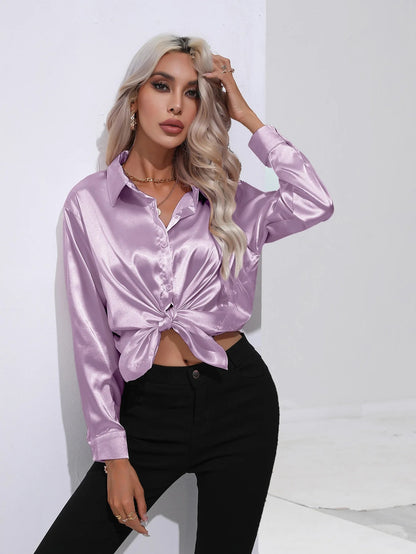 Satan Summer Shirt Spring 2025 for women long-sleeved office black silver silk blouses