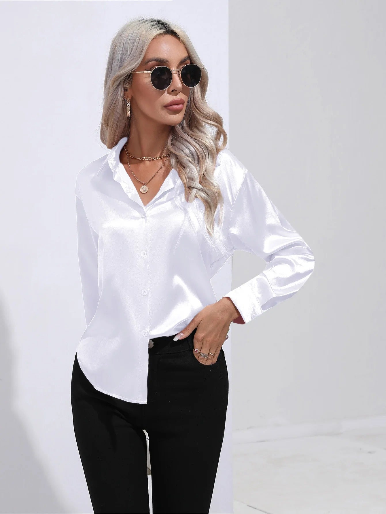 Satan Summer Shirt Spring 2025 for women long-sleeved office black silver silk blouses