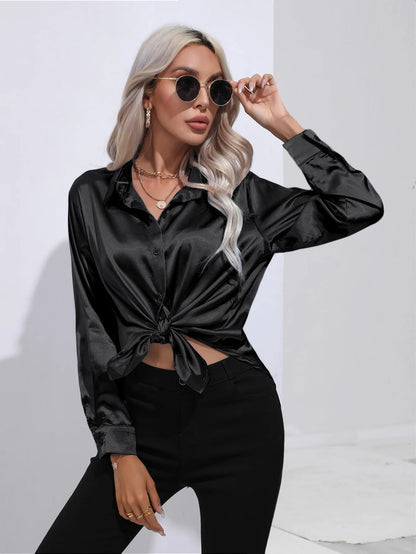 Satan Summer Shirt Spring 2025 for women long-sleeved office black silver silk blouses