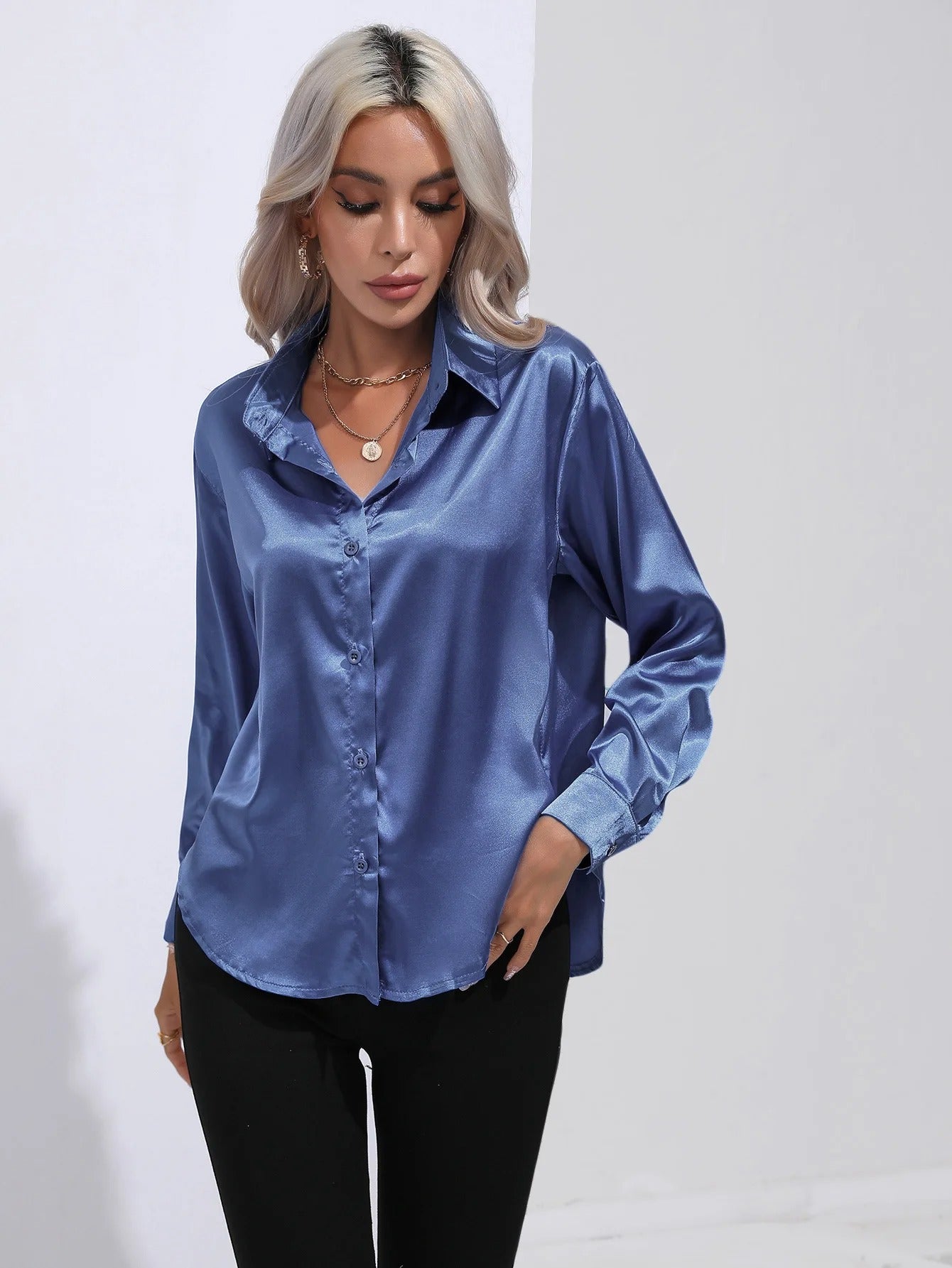 Satan Summer Shirt Spring 2025 for women long-sleeved office black silver silk blouses