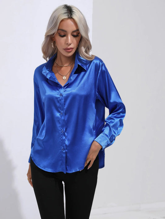 Satan Summer Shirt Spring 2025 for women long-sleeved office black silver silk blouses